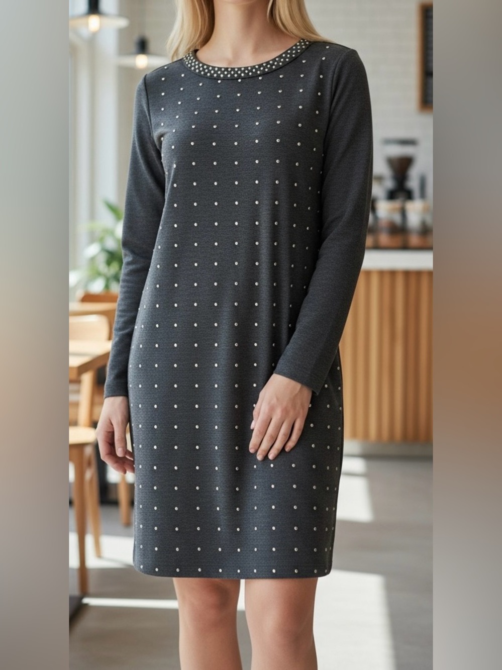Beige by ECI Gray Studded Sheath Dress Long Sleeve Stretch Size 14 NWT
